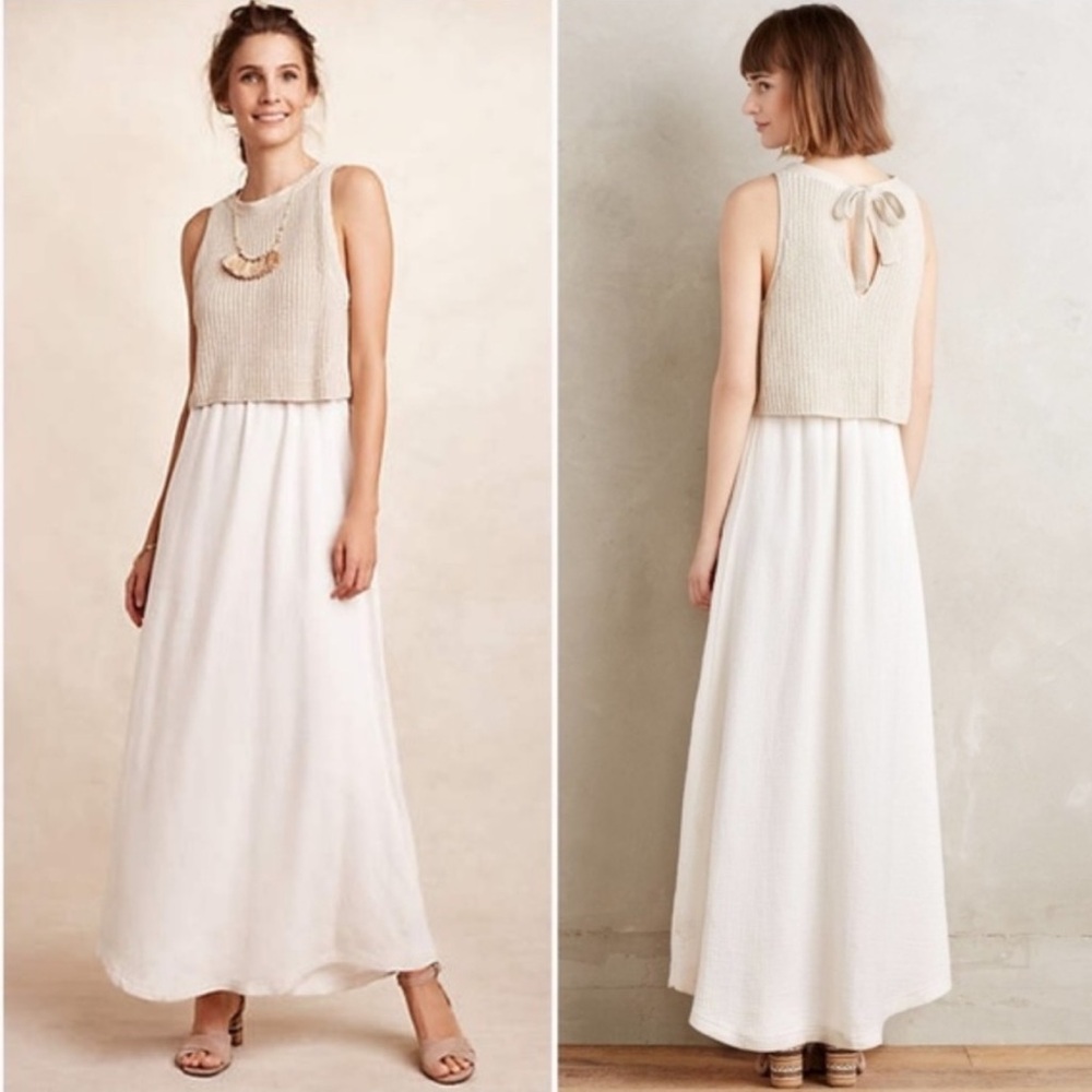 Anthropologie Moth Sandstone Maxi Dress Crochet Knit Tiered Flowy Small $165